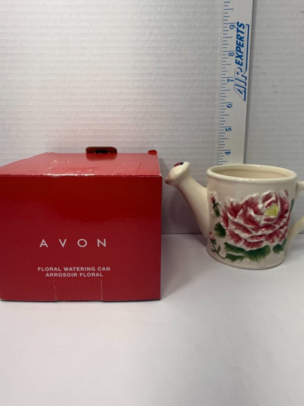 Avon Floral Watering Can Vintage 2017 Boxed Flower Ladybug Ceramic Collector 3+"